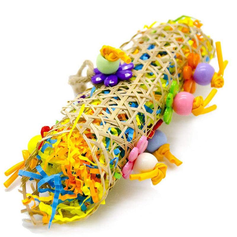 3-Piece Parrot Chew Toy Set: Rattan Ball, Paper Strips & Loofah Shredder.