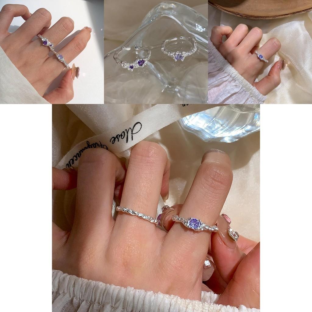 S925 Silver Adjustable Geometric Purple Ring For Women Chic Fashion Vintage