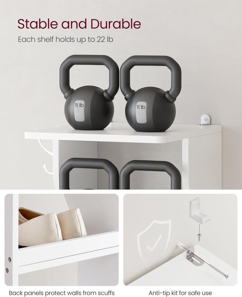 Shoe Rack, Shoe Organizer, Narrow Shoe Rack with Hooks, Slim Wooden Shoe Rack, Solid and Durable, Space Saving