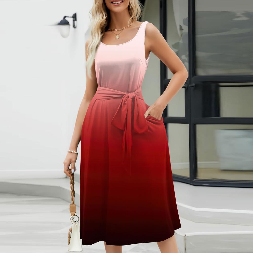 Летние платья для женщин 2024, пляжные свободные с круглым вырезом, без рукавов, миди-трапеции, распашное платье, сарафаны с карманами