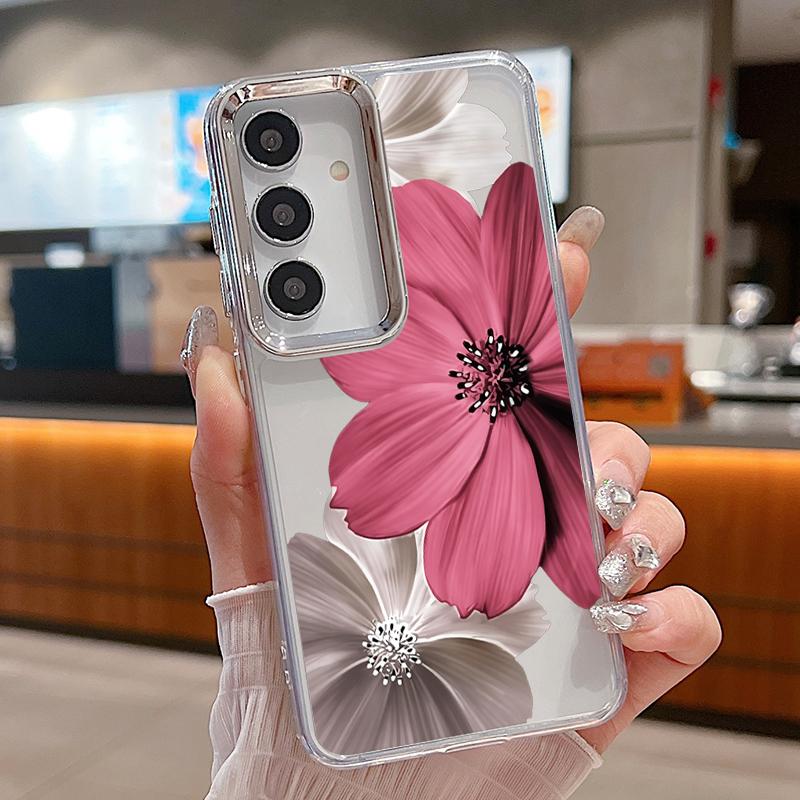 Чехол с цветочным узором для Samsung S26 S25 Ultra S24 FE S23 Plus S22 S21 A15 A16 A17 A35 A36 A37 A54 A55 A56 A57 5G С гальваническим покрытием для объектива Мягкий чехол