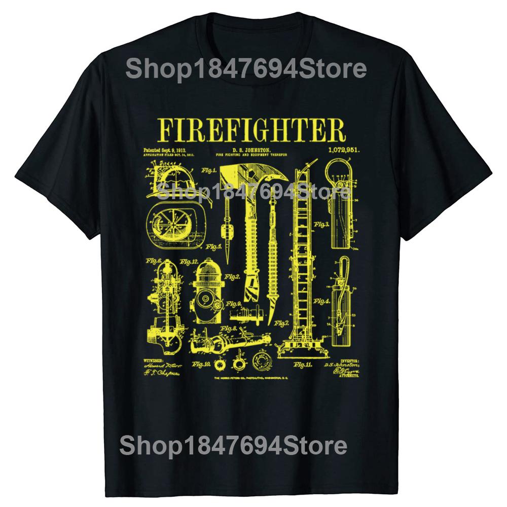 Funny Firefighter Fire Department Fireman Patent T-shirt Men Women Hip Hop Oversized T Shirt 100% Cotton Comfort T-shirts