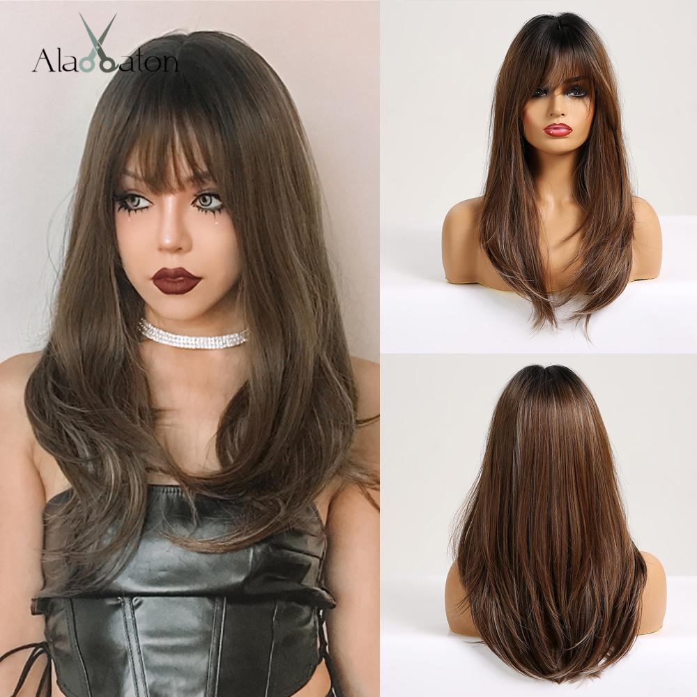 ALAN EATON Темно-коричневый синтетический парик с челкой, шелковистые прямые длинные многослойные парики для женщин, термостойкие для повседневного косплея и вечеринки