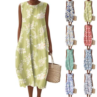 Женское модное повседневное платье без рукавов с круглым вырезом и цветочным принтом, элегантное, темпераментное