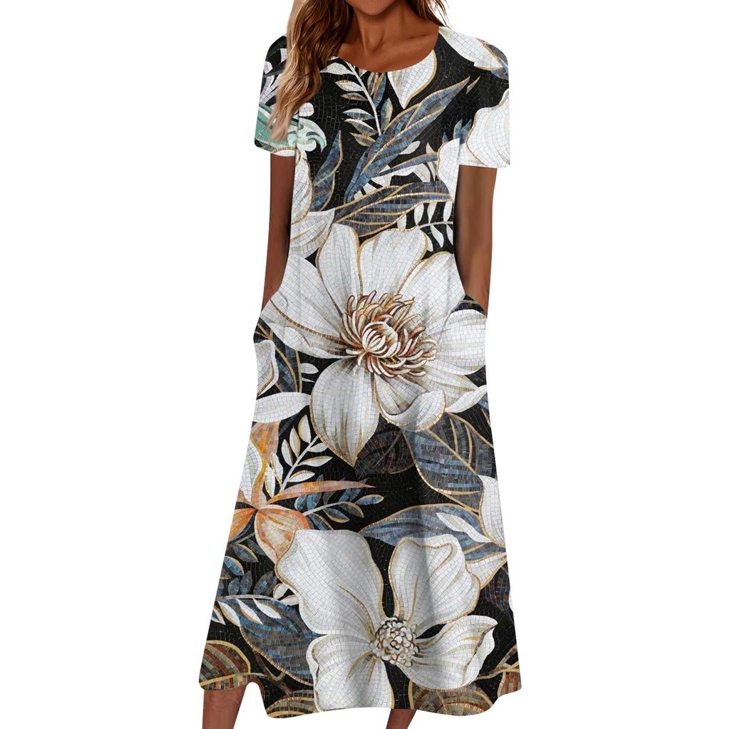 Summer Dress For Women Casual Printed V-Neck Short-Sleeve Beach Swing Dress