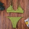 Women Triangle Oversize Split Bikini Set Suit Tie Side G-String Thong Swimsuit Suspenders Green Solid Color