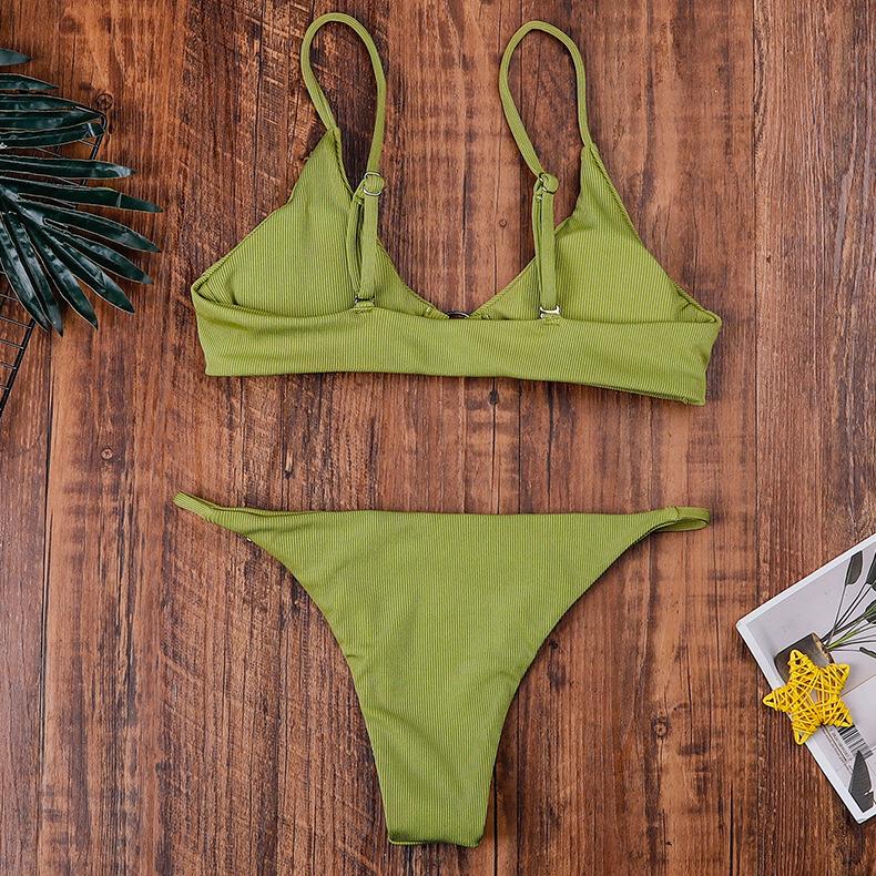 Women Triangle Oversize Split Bikini Set Suit Tie Side G-String Thong Swimsuit Suspenders Green Solid Color