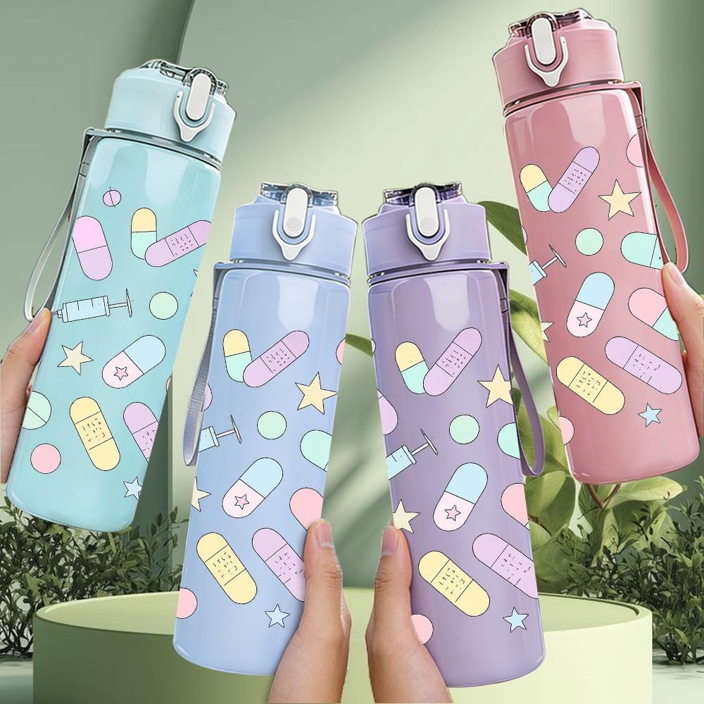 1PC Medical Supply Sticker Pack 750ml Color Plastic Sports Water Bottle Leakproof Flip Straw Lid Suitable for Sports Office Home Use