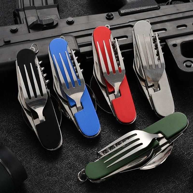 Складные столовые приборы 4-в-1, съемный нож, вилка, ложка, открывалка из нержавеющей стали, портативная посуда, походные столовые приборы для путешествий на открытом воздухе