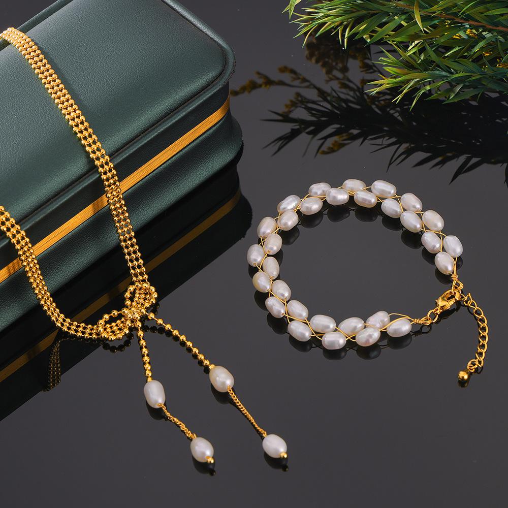 New Elegant Temperament Freshwater Pearl Bracelet Copper Plated 18K Real Gold Necklace Set