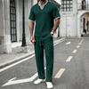 Мужской спортивный костюм Streetwear: футболка с вафельной текстурой с V-образным вырезом и коротким рукавом и длинные брюки