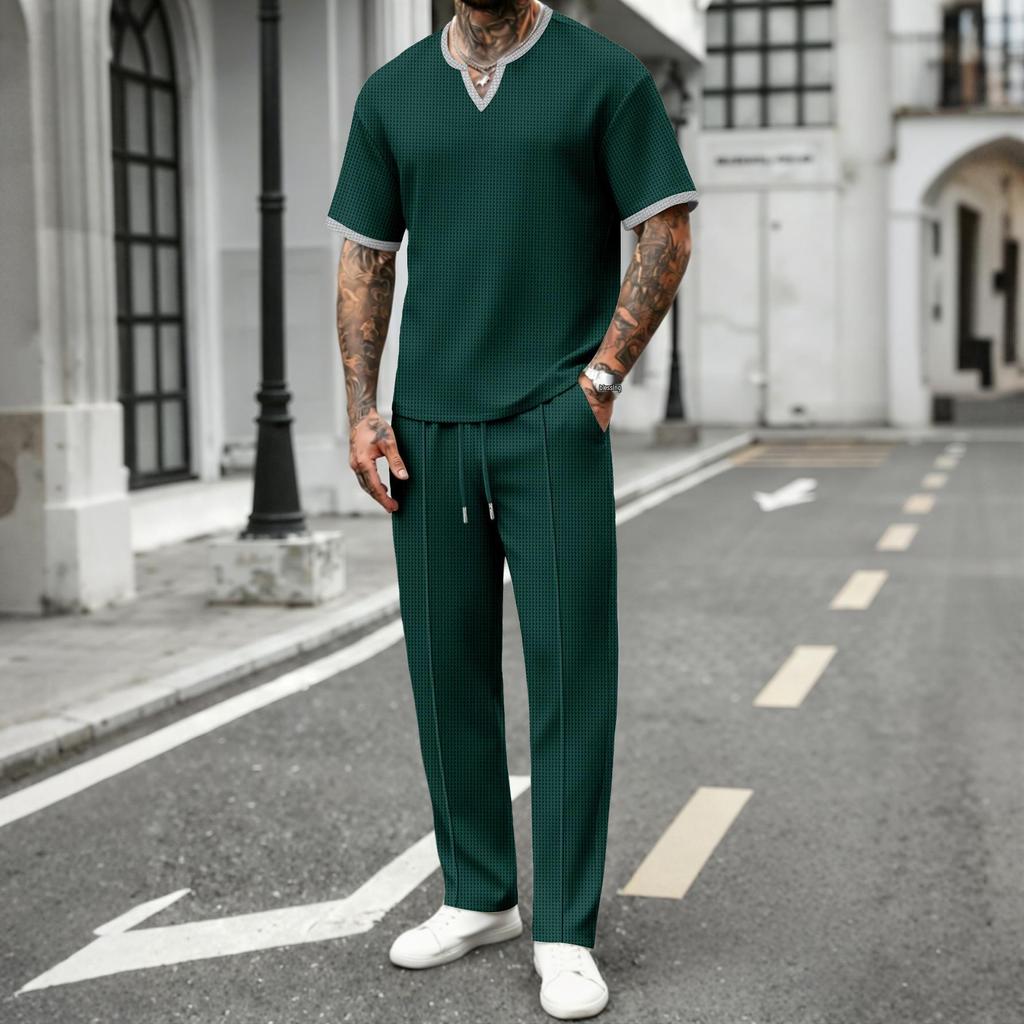 Мужской спортивный костюм Streetwear: футболка с вафельной текстурой с V-образным вырезом и коротким рукавом и длинные брюки