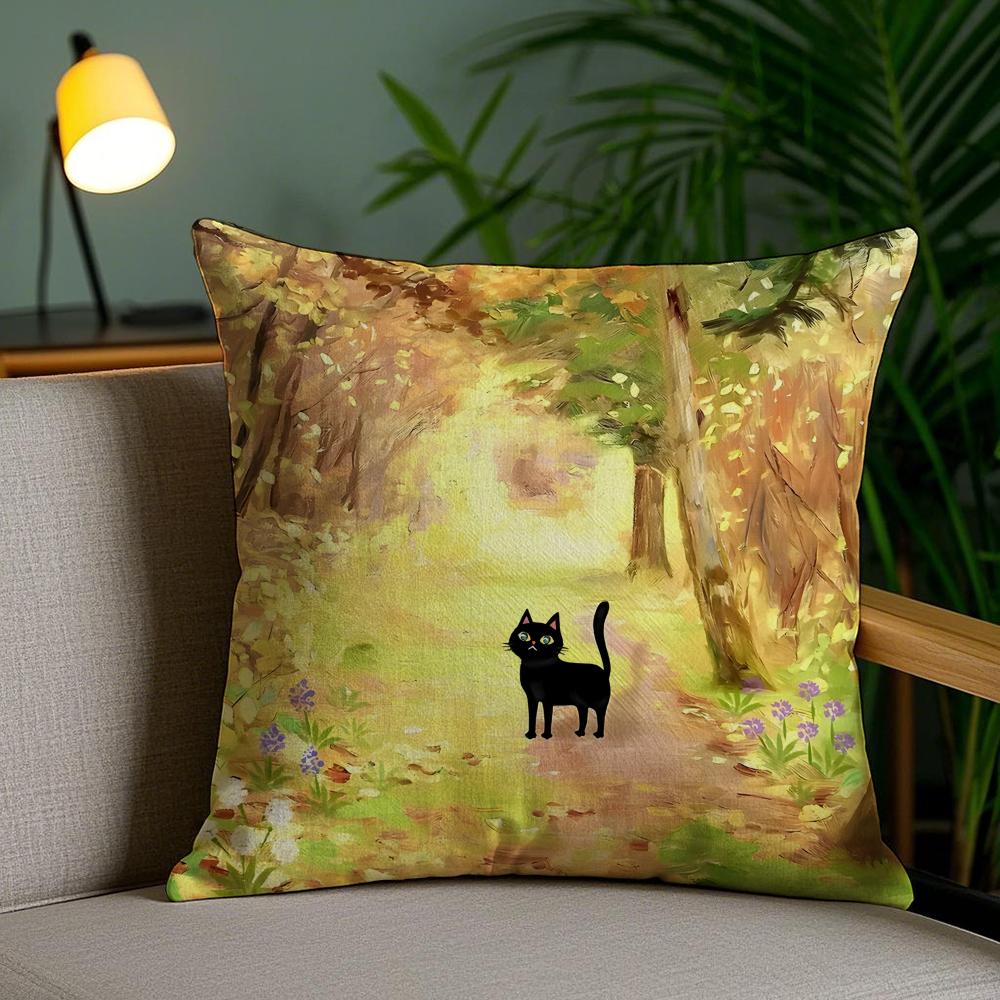 Cute Black Cat Oil Painting Cushion Cover Plush Fabric DoubleSided Printed Invisible Zipper Sofa Pillow Case Home Bedroom Decor
