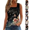 Women's Summer Casual Pleated Square Neck Sleeveless Tank Top Printed T-Shirt