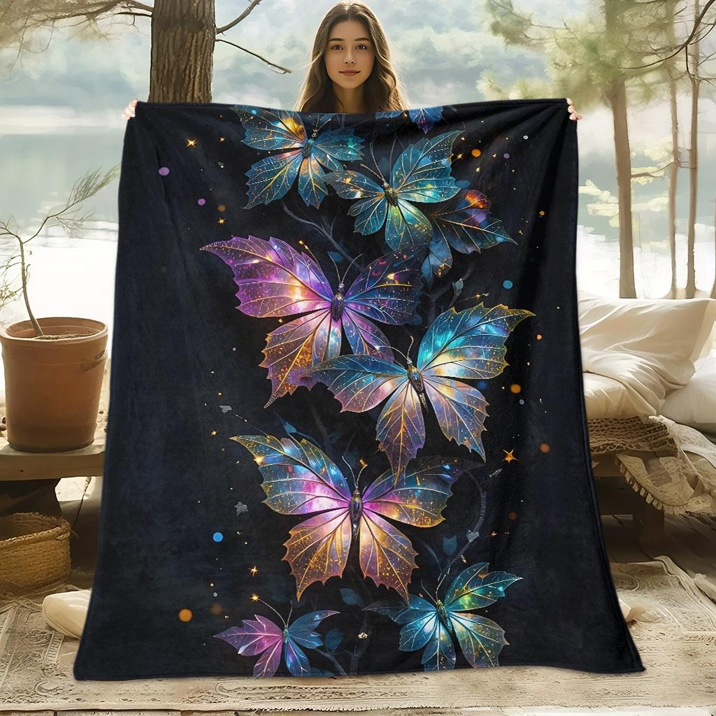 A Skin-Friendly Glowing Butterfly Night Scene Patterned Digital Printed Blanket, Suitable for All Seasons, a Sofa Throw, Made of 100% Soft And Comfort