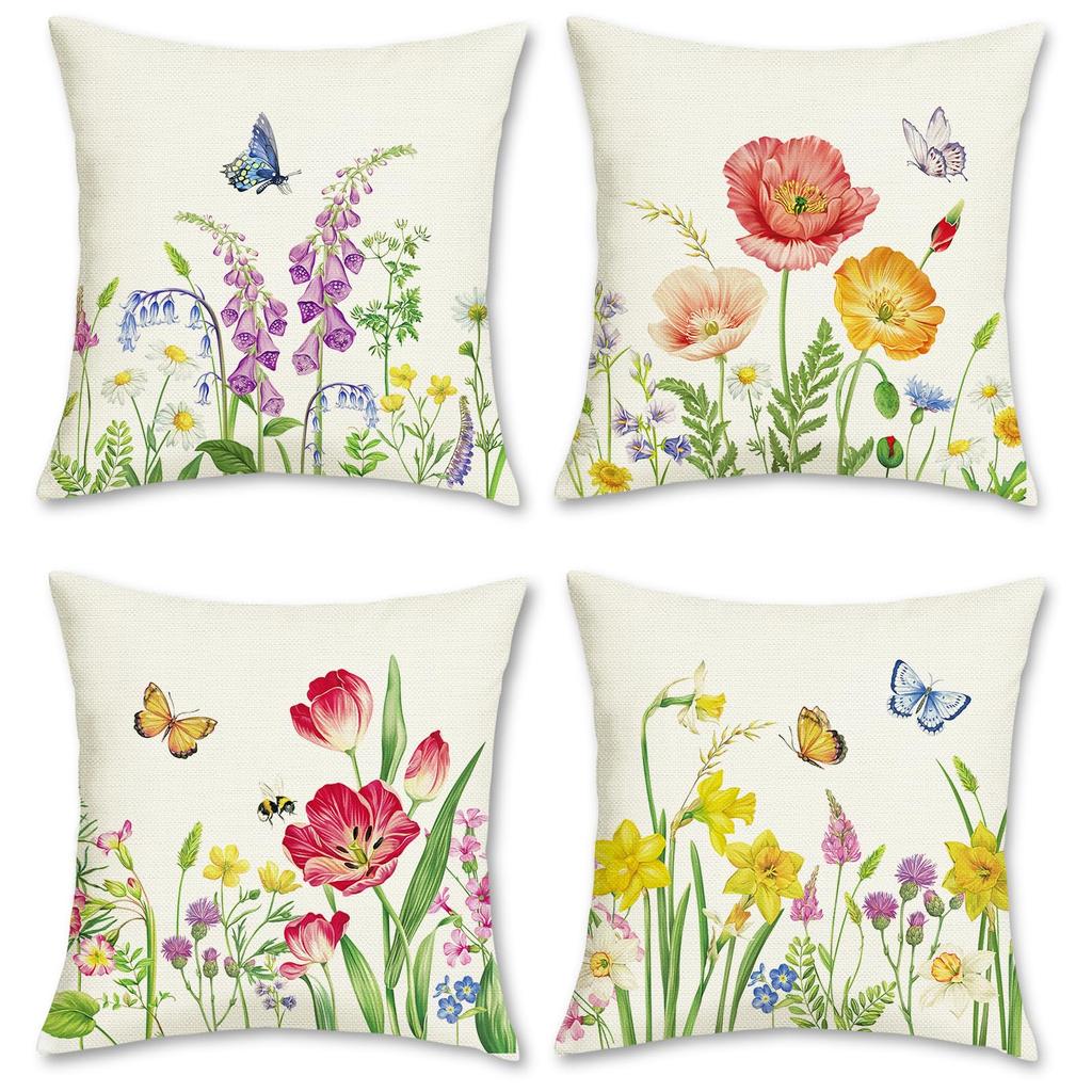 4Pcs Watercolor Flower Butterfly Printed Pillow Cover Polyester Cushion Case 2D Flat Printing Pillowcase Garden Fresh Style