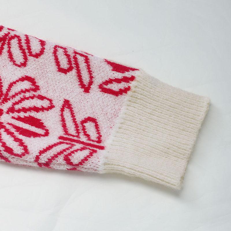 Half High Neck Knit Autumn Winter Floral Jacquard Pink Sweater