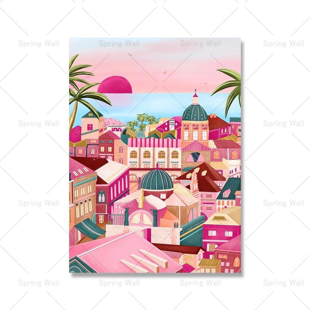 Розовый Дубровник Замок Осаки Cherry Blossom Япония Wall Art Холст Картина Плакат на скандинавскую тему и принты Картина для декора гостиной без рамки