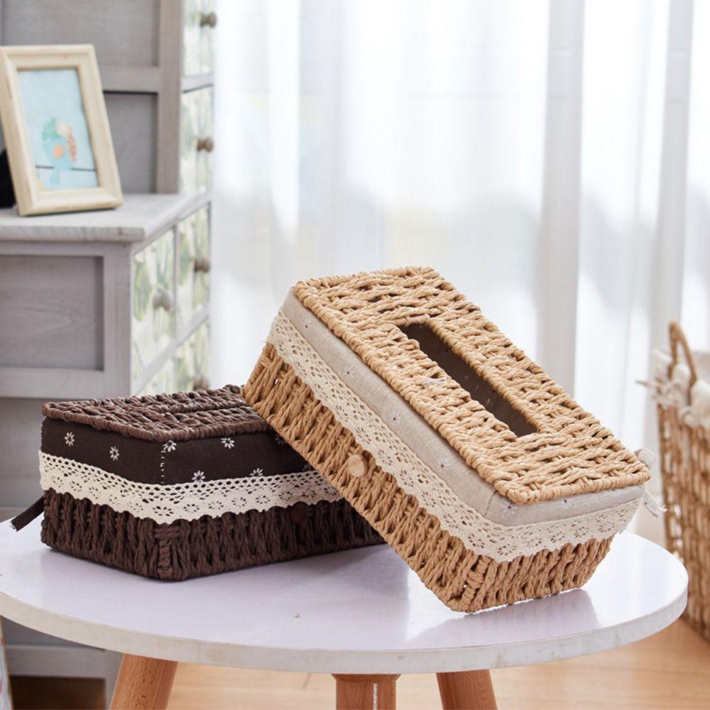 Household Tissue Holder Hand Woven Tissue Box Cover Multi-functional Napkin Case Bathroom