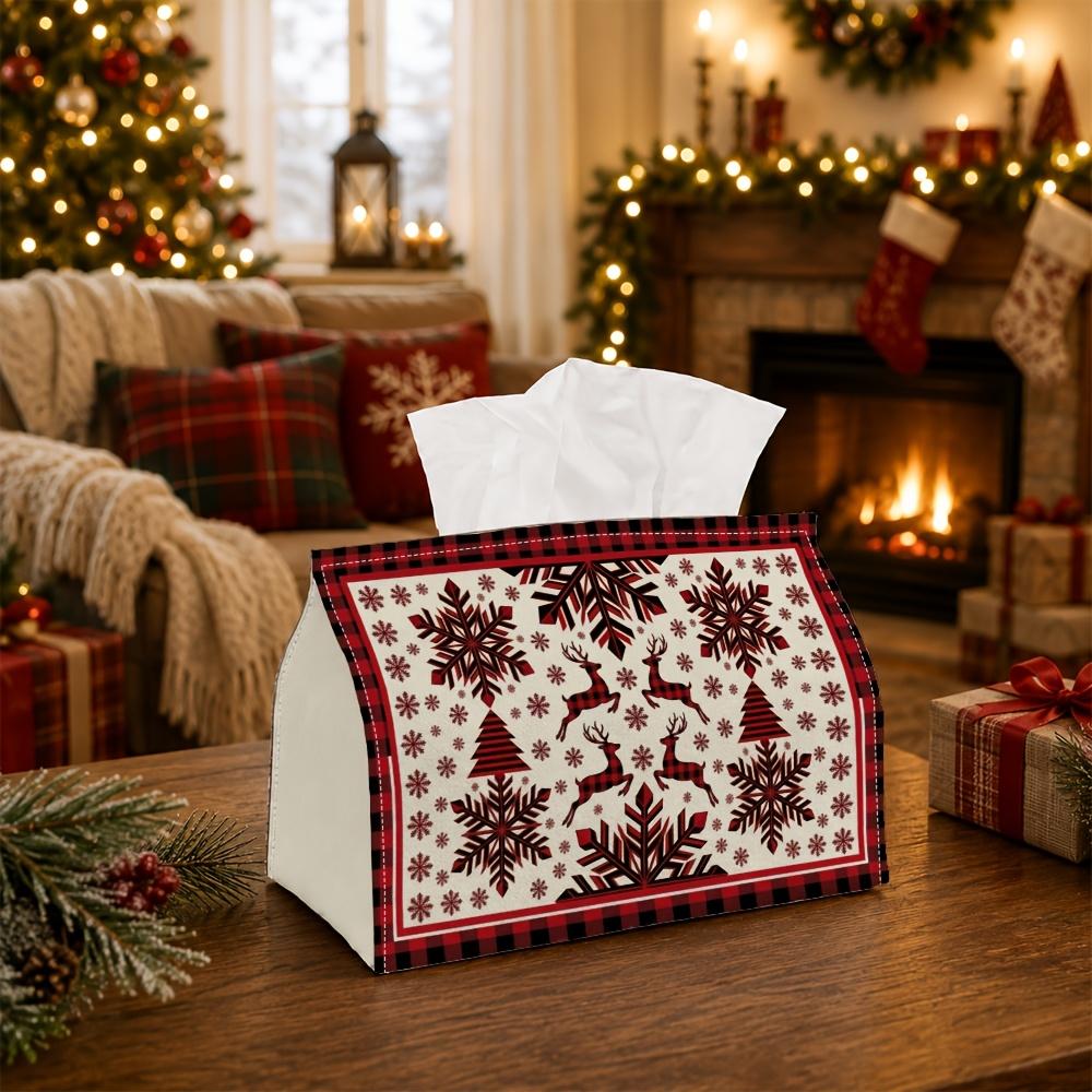 1pc Rustic Nordic Winter Tissue Box - Multi-Functional Christmas Napkin Dispenser, Made of Durable Polyester, Decorated with Symmetrical Reindeer Snow