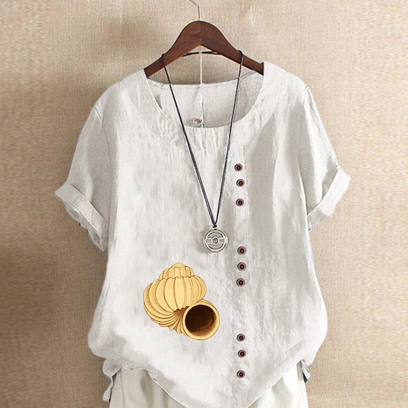 Women's Fashion Conch Print Short Sleeve T-shirt Loose Cotton Shirt Casual Loose Summer Blouse Tops Plus Size