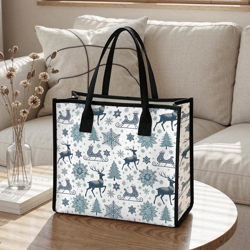 Winter Reindeer Snowflake Pattern Tote Bag Casual Portable Large Capacity Daily Grocery Shopping Shoulder Handbag