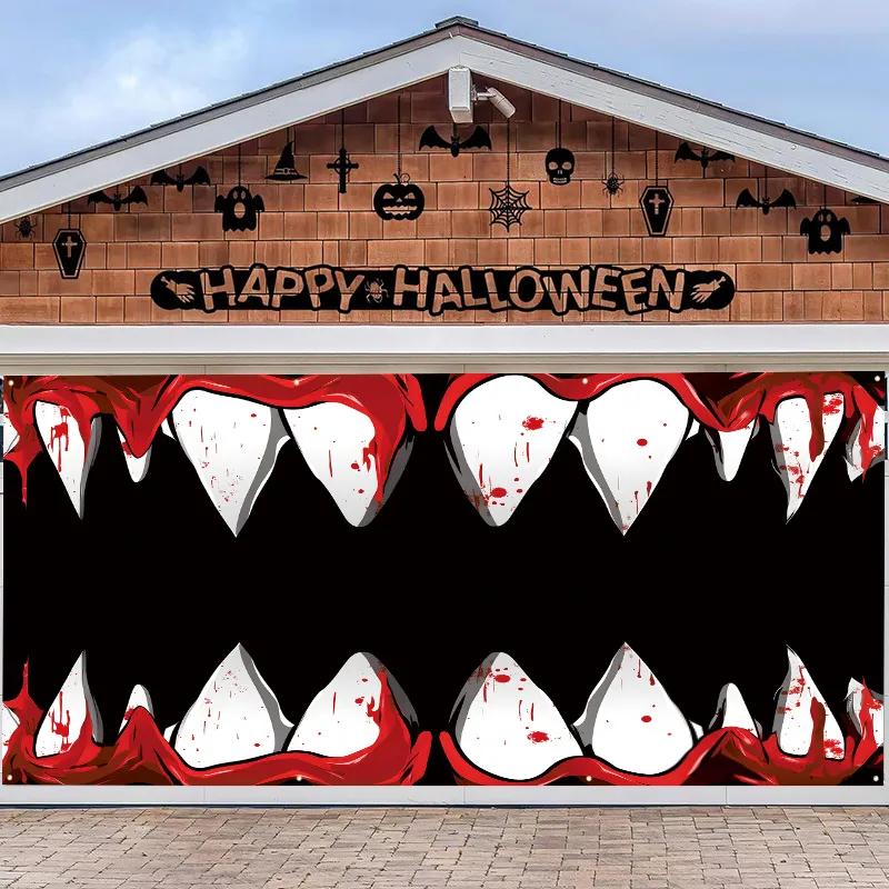 Halloween Garage Door Cover 180x400cm 100D Polyester Custom Halloween Pumpkin Lantern Forest Halloween Background