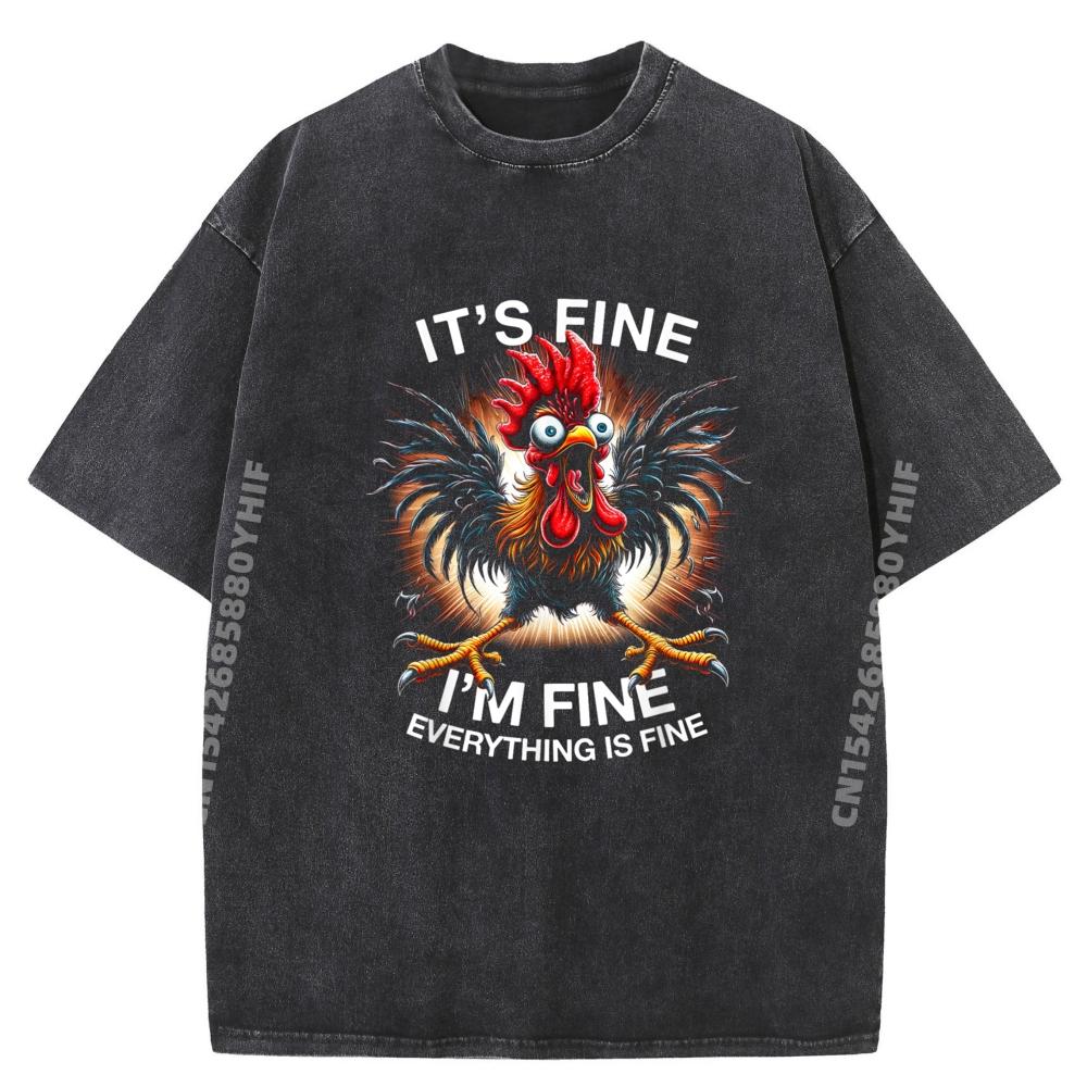 Funny Graphic Tee It's Fine I'm Fine Weird Crazy Chicken Grey Shirt Graphic Tee Oversize Man Creative