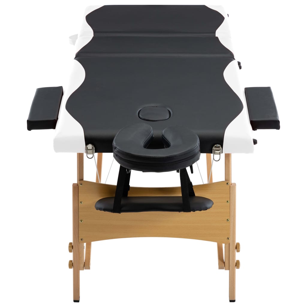 Folding 3 Zone Massage Table with Wooden Frame Black and White
