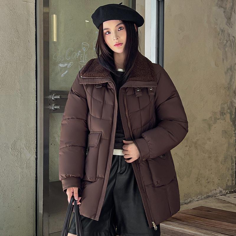 New plush lapel down cotton-padded clothes women's medium and long winter cotton-padded clothes loose cotton-padded jacket