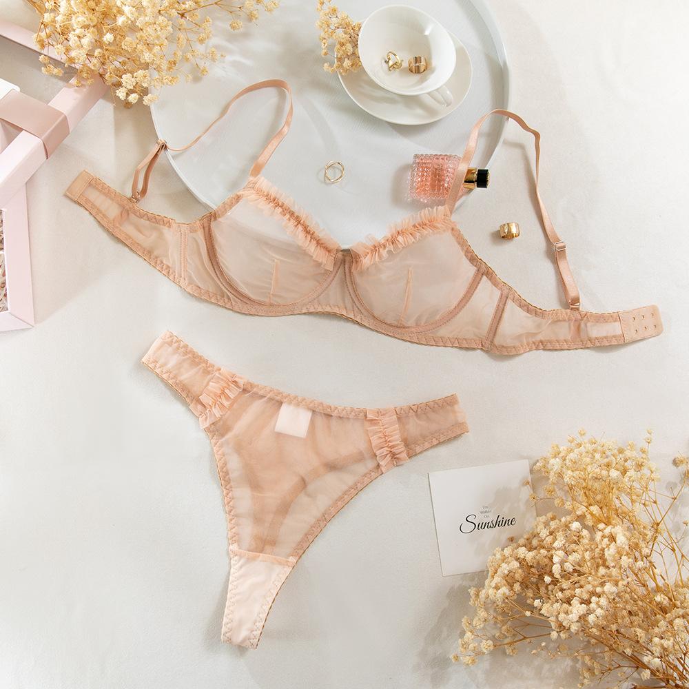 Европейский и американский женский сексуальный прозрачный сетчатый комплект нижнего белья, бюстгальтер пуш-ап с косточками и кружевной отделкой, трусики. Интимное белье.