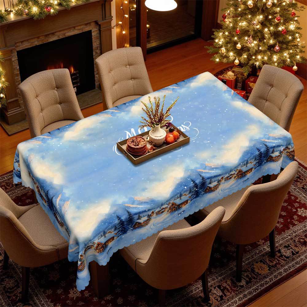 Christmas Table Blue Decorative Cloth, Waterproof And Oil-Proof Snow View House Tablecloth European-Style Warm Holiday Atmosphere Layout