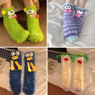 1-2 пары носков Kawaii Monster, коралловые бархатные зимние теплые забавные носки, носки для сна для женщин, девочек, детей, пушистые домашние чулки
