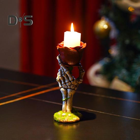 Skeleton Hand Rose Candle Holder Ghost Hand Holding Flower Resin Figurine Taper Pillar Candle Candlestick Table Centerpiece Decoration