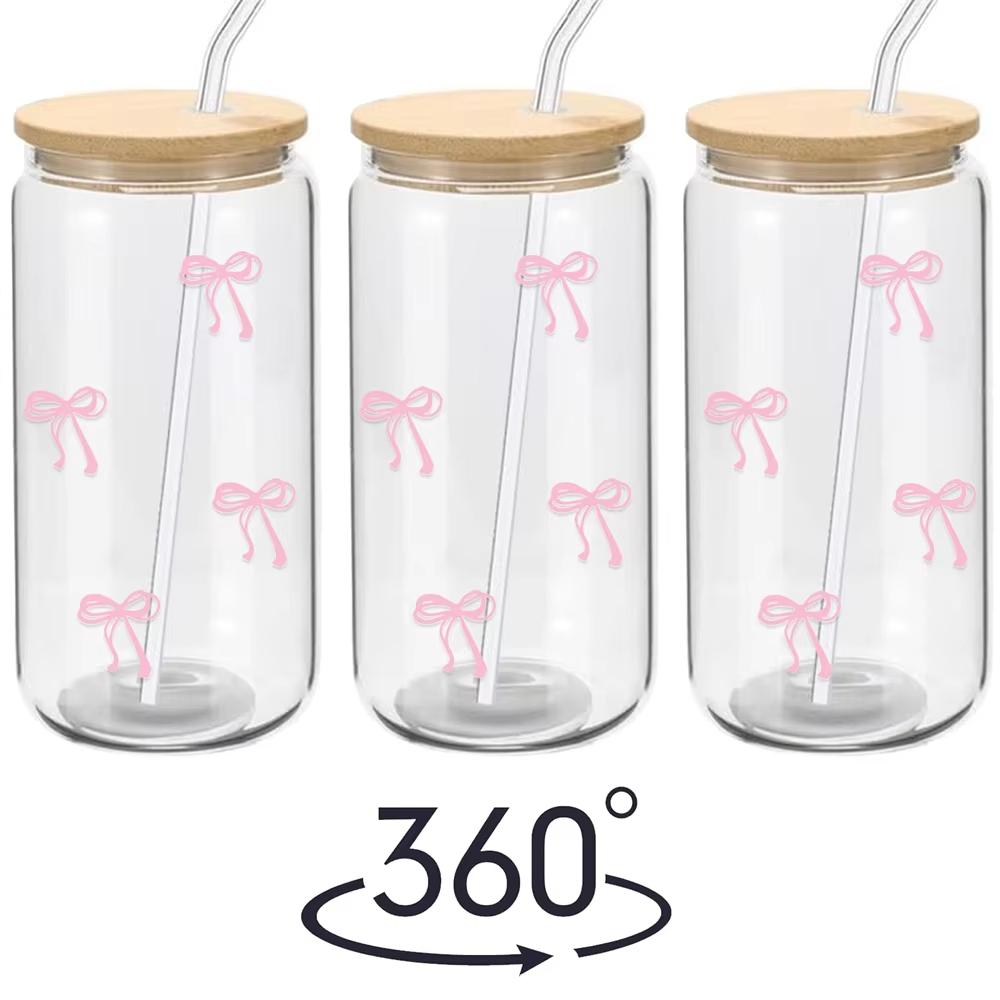 500ml Pink Bow Cute Glass Cups with Lids and Straw Tumbler Glass Cup for Iced Milk Coffee Smoothie Cocktail Matcha Juice Cup