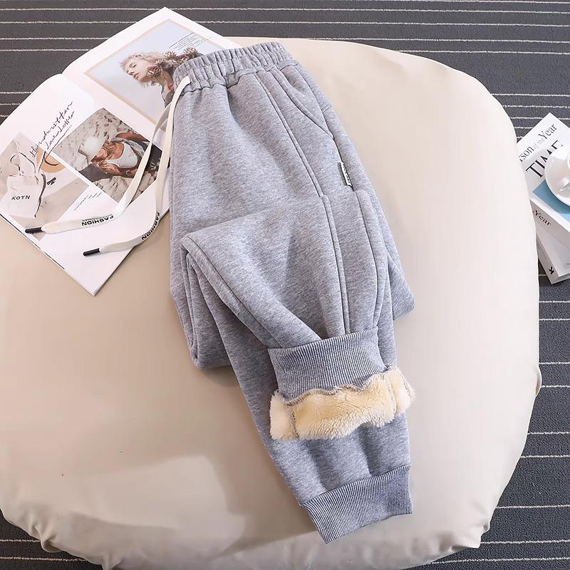 Женские спортивные штаны на флисовой подкладке из овечьей шерсти - Толстые, теплые, с манжетами джоггеры для осени/зимы 2024