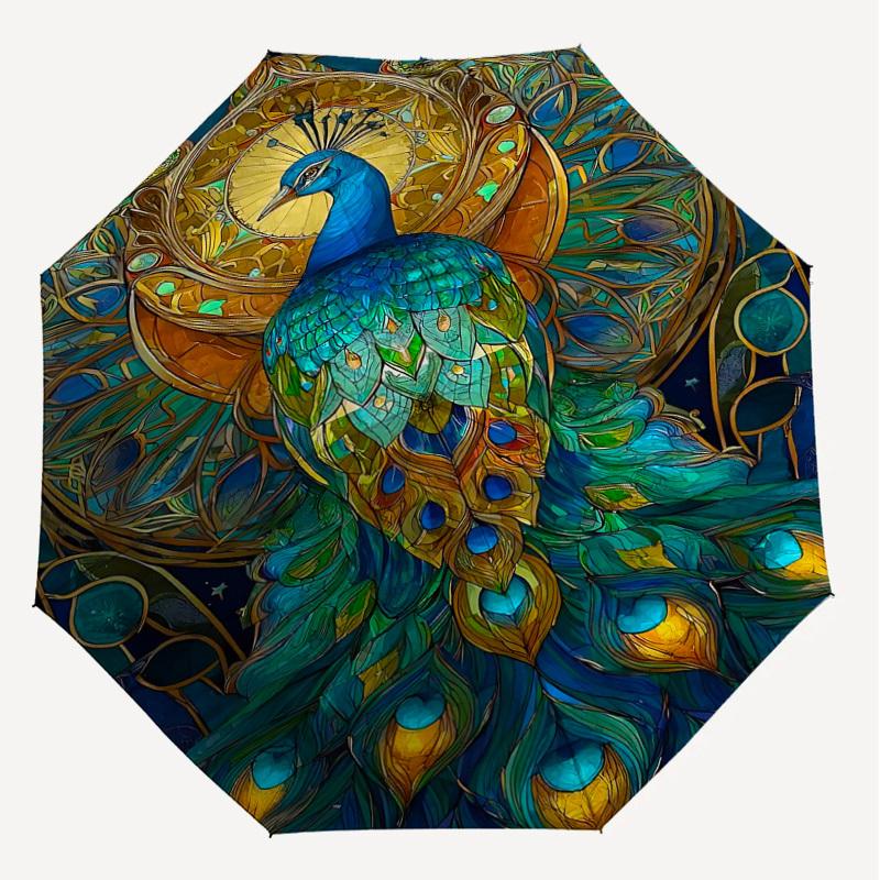 1PC Peacock Stained Glass Automatic Open/Close Umbrella Compact Folding Umbrella with 8-Rib Shaft lightweight esign, Highquality Fabric1195A