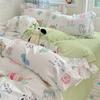 Ins Style Korean Princess Washed Cotton Four Piece Set Fresh Lace Duvet Cover Set, Bed Sheet Three Piece Set On the Bed
