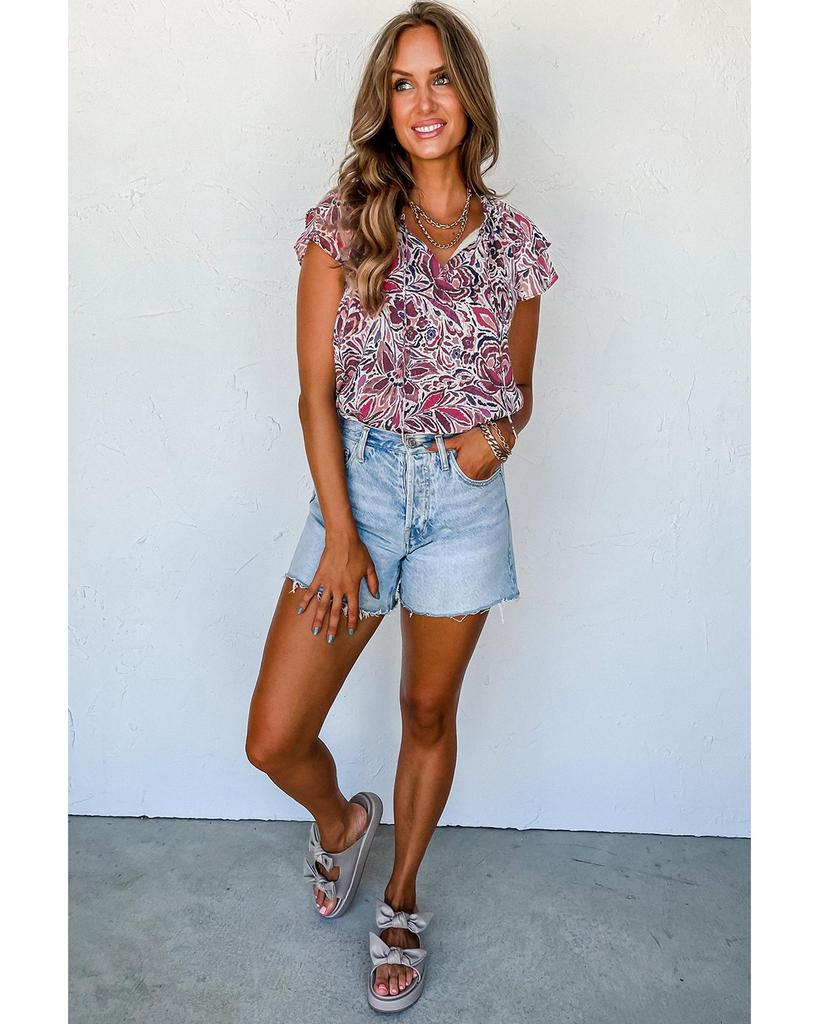 Azura Exchange White Floral Ruffled Short Sleeve V Neck Blouse