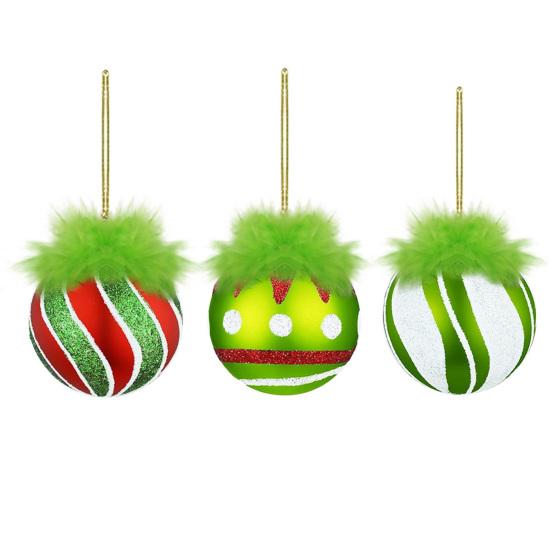 2.4 Inch Christmas Ball Ornaments with Fuzzy Green Hair Glittering Hanging Furry Elf Ball Decoration Red Green Plastic Ball Ornament