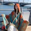 Warm Thick Plaid Hooded Cape Shawl Women Winter Cozy Wrap Scarf Lightweight Blanket Coat