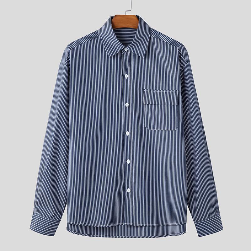 INCERUN Spring Summer Men Lapel Long Sleeve Striped Print Shirts Oversized Tops