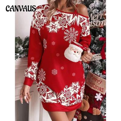 Женское рождественское платье со снежинками, длинными рукавами и косым спущенным плечом, на осень и зиму