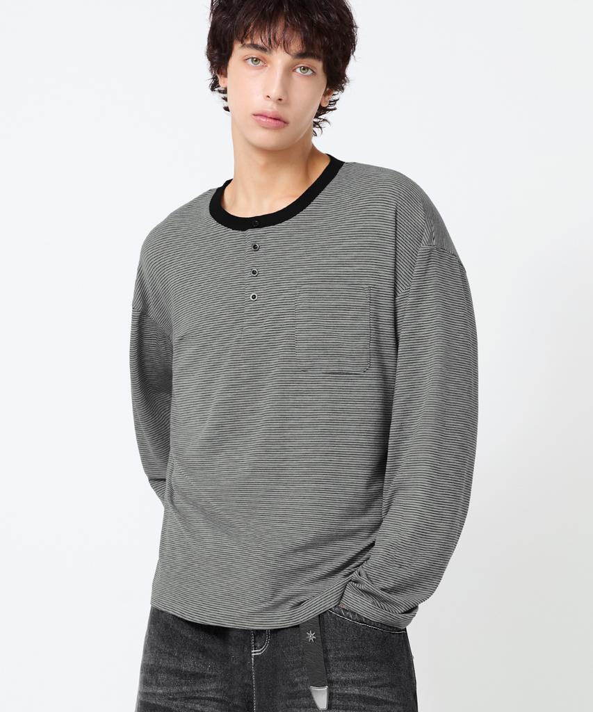 TRILLION Thin Stripe Pocket Henley Neck Long Sleeve_4Color