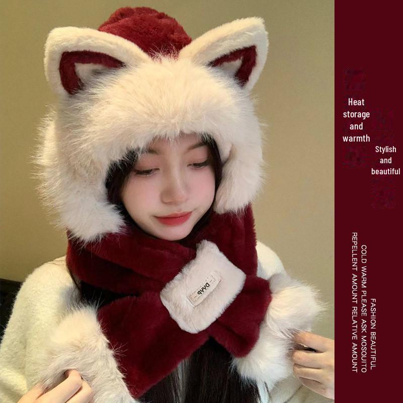 Women's Cozy Fox Ear Plush Hat with Integrated Scarf - Warm, Soft Lei Feng Design for Autumn and Winter. Perfect Ear Protection for Students.