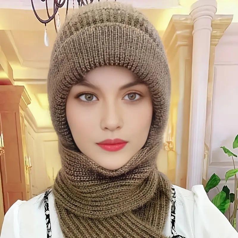 Hat Female Autumn and Winter Warm Knitted Wool Snow Hat Cycling Mother Fashion Ear Protection Headgear Scarf Integrated Hat