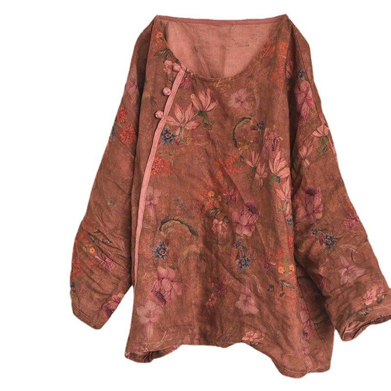 Johnature Women Vintage Button Coats O-neck Long Sleeve Print Floral Loose Clothes Autumn Cotton Linen Casual Coat