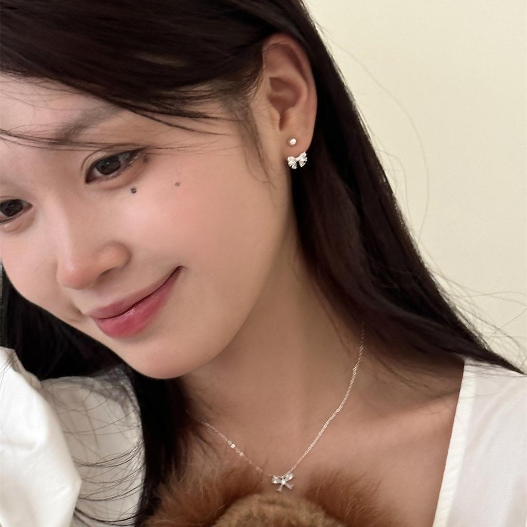 925 Silver Needle Back-Hanging Zircon Bow Drop Earrings Women Exquisite Simple Heart-Shaped Trendy High-End Anniversary Earrings
