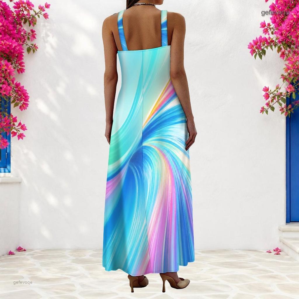 Women Plus Size Scoop Neck Strappy Sleeveless A Line Printed Bright Blue Maxi Dress