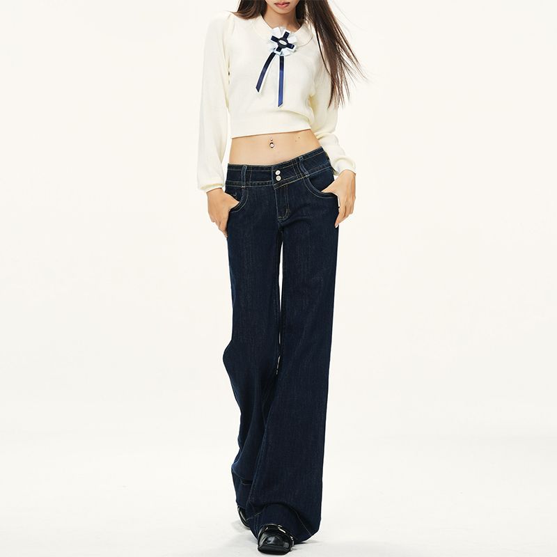 Dark blue slightly pulled-down jeans for women's autumn new models do not stick to the legs, look thin and drape, straight floor-mopping pants